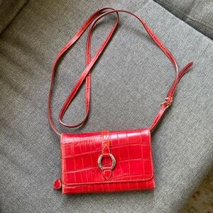 90's Vintage Brighton Red Leather Embossed Wallet Purse Crossbody Strap Pockets